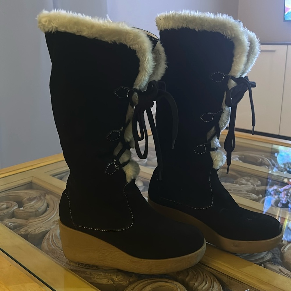 Michael kors lace up shearling wedge black suede mid calf winter boots.